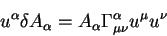 \begin{displaymath}
u^{\alpha}\delta A_{\alpha}= A_{\alpha} \Gamma^{\alpha}_{\mu \nu} u^{\mu}
u^{\nu}
\end{displaymath}