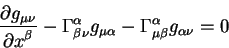 \begin{displaymath}
{\displaystyle\partial g_{\mu \nu}\over\displaystyle\partial...
...g_{\mu \alpha }-\Gamma^{\alpha}_{\mu \beta}
g_{\alpha \nu} =0
\end{displaymath}