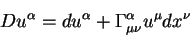 \begin{displaymath}
D u^{\alpha} = d u^{\alpha} + \Gamma^{\alpha}_{\mu \nu} u^{\mu} d x^{\nu}
\end{displaymath}