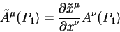 \begin{displaymath}
\tilde A^{\mu}(P_1) = {\displaystyle\partial \tilde x^{\mu}\over\displaystyle\partial x^{\nu}}
A^{\nu}(P_1) \end{displaymath}