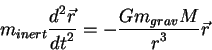 \begin{displaymath}
m_{inert}{\displaystyle d^2 \vec r\over\displaystyle dt^2}= -{\displaystyle Gm_{grav}M\over\displaystyle r^3} \vec r
\end{displaymath}