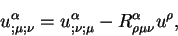 \begin{displaymath}
u^{\alpha}_{;\mu ; \nu} = u^{\alpha}_{;\nu ; \mu} - R^{\alpha}_{\rho \mu
\nu} u^{\rho},
\end{displaymath}