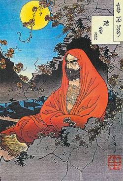 Бодхидхарма, борясь со сном, вырвал веки и бросил их на склон горы. На этом месте и вырос куст чая. Рисунок 1887 года.